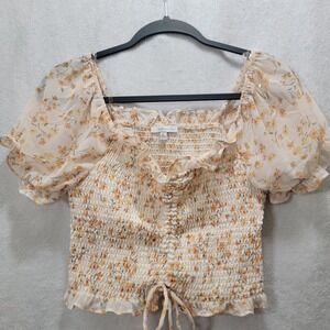 Blashe Top L Crop Peasant Babydoll Cottage Smocked Off Shoulder Coastal Coquette